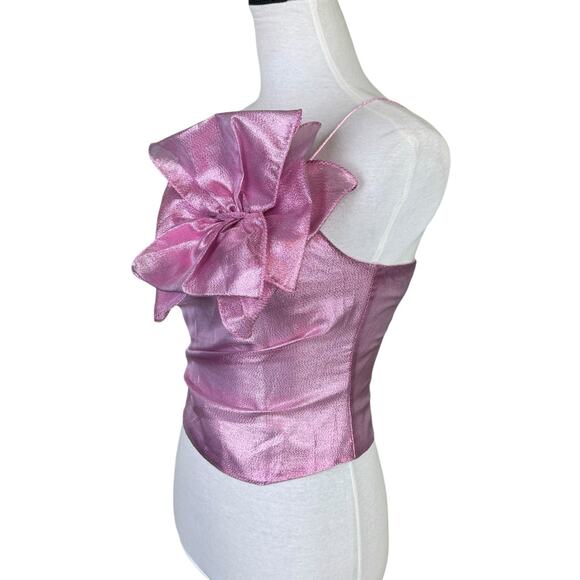 Hutch NWT Tessa Metallic Pink Flower Accent One Shoulder Smocked Back Top - Picture 5 of 15